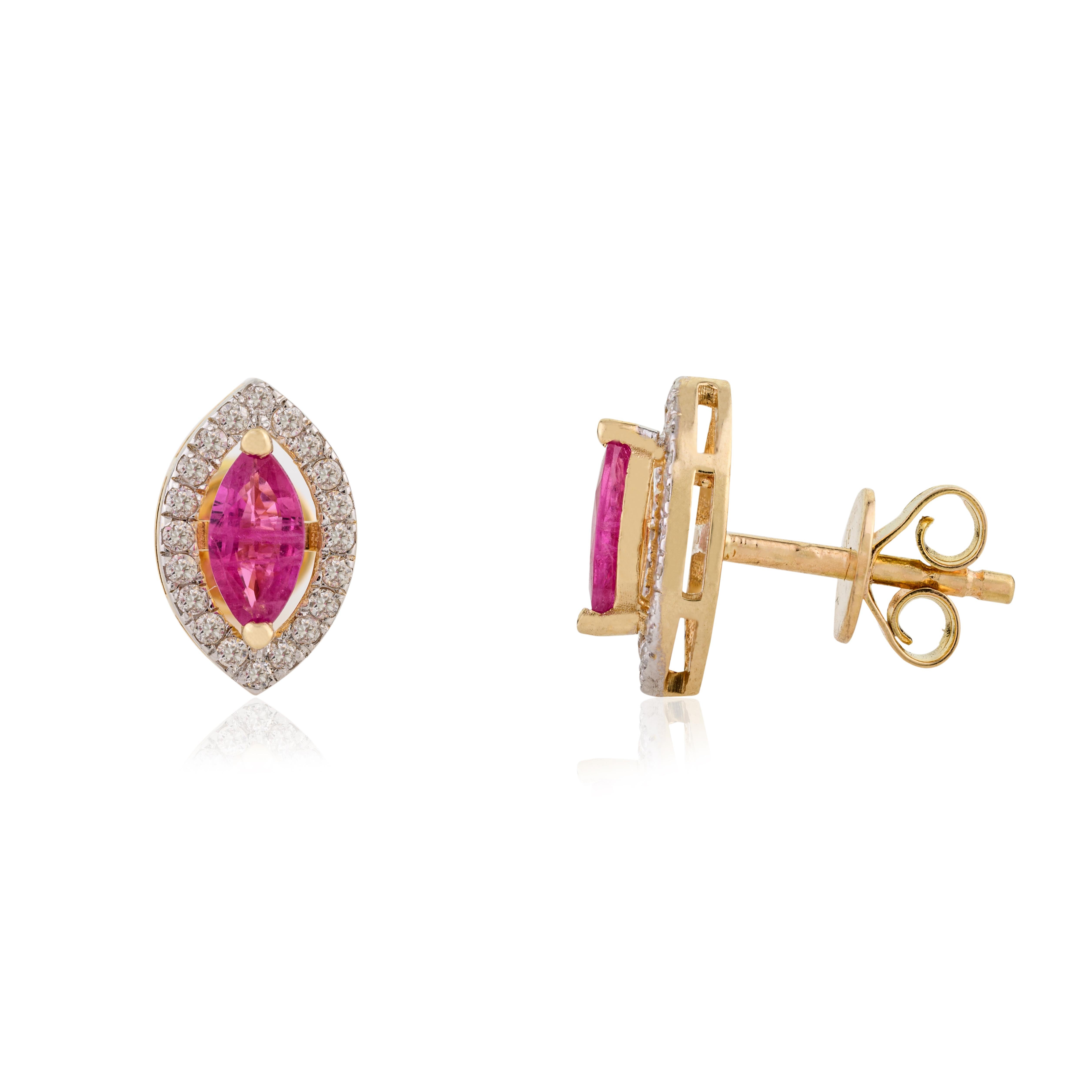 Halo Diamond Ruby Marquise Shape Stud Earrings for Her in 18k Solid Yellow Gold In New Condition For Sale In New York, NY