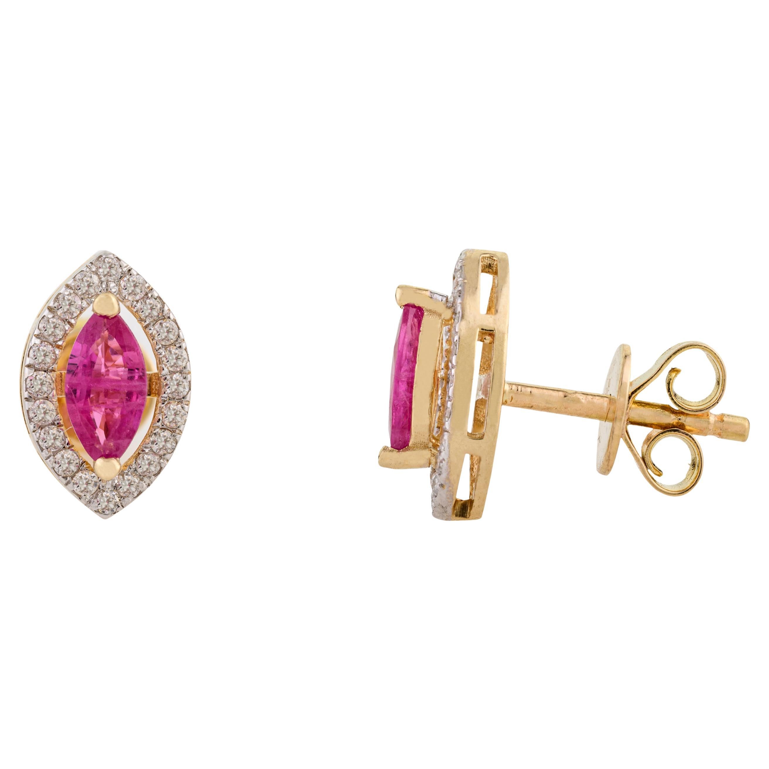 Halo Diamond Ruby Marquise Shape Stud Earrings for Her in 18k Solid Yellow Gold For Sale