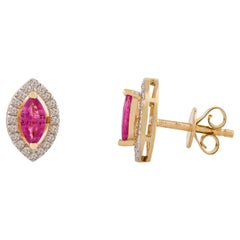 Halo Diamond Ruby Marquise Shape Stud Earrings for Her in 18k Solid Yellow Gold