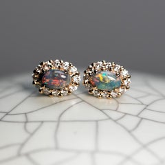 Halo Diamond Stud Earrings with Black Opal 14K Yellow Gold