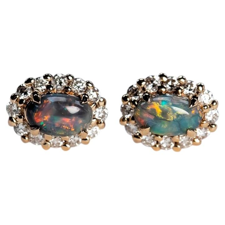 Halo Diamond Stud Earrings with Black Opal 14K Yellow Gold For Sale