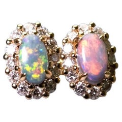 Halo Diamond Stud Earrings with Black Opal 18K Yellow Gold
