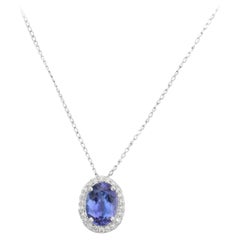 Halo Diamond Tanzanite Solitaire Necklace 18k Solid White Gold, Everyday Jewelry