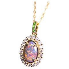 Halo Diamond Tsavorite Australian Black Opal Necklace 18k Yellow Gold