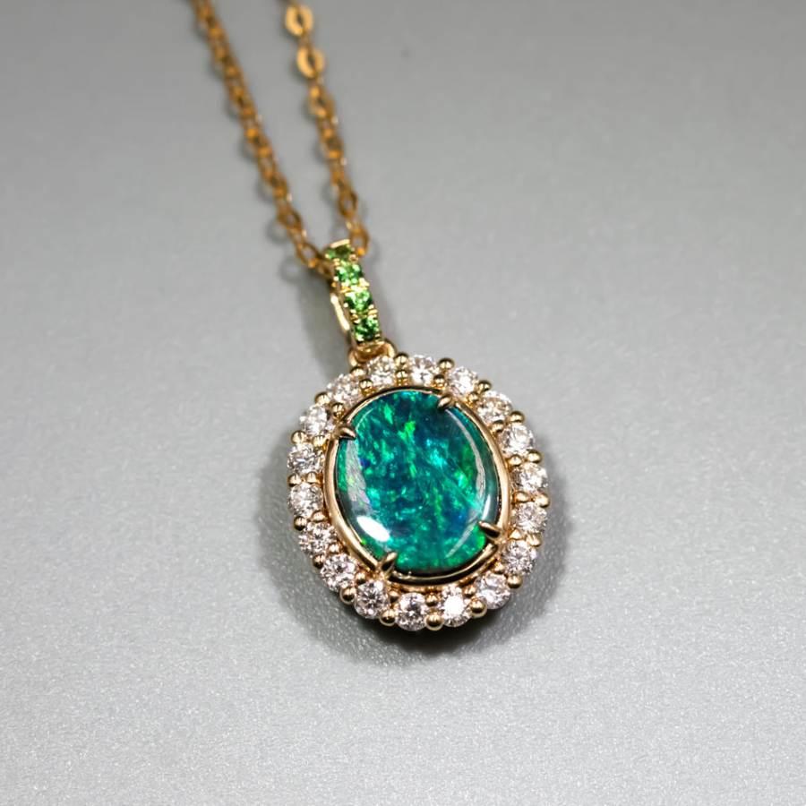 Brilliant Cut Halo Diamond Tsavorite Australian Black Opal Pendant Necklace 18k Yellow Gold For Sale