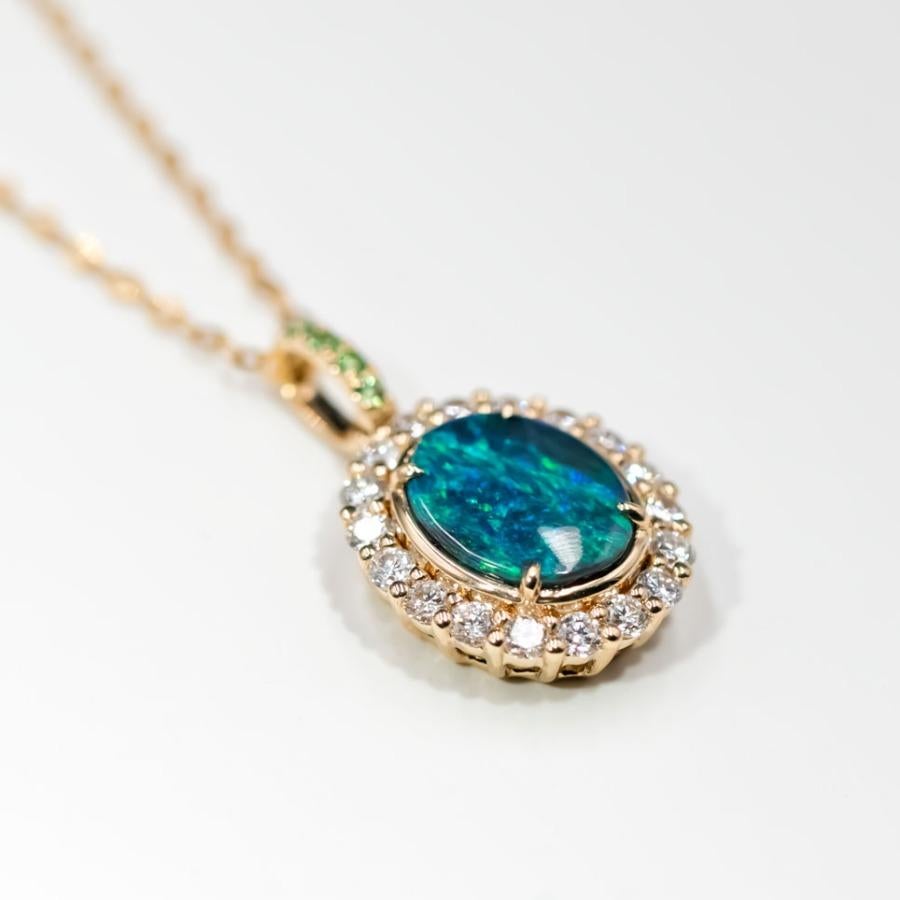 Halo Diamond Tsavorite Australian Black Opal Pendant Necklace 18k Yellow Gold In New Condition For Sale In Suwanee, GA