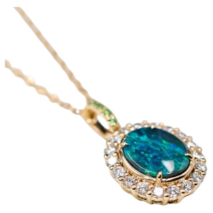 Halo Diamond Tsavorite Australian Black Opal Pendant Necklace 18k Yellow Gold For Sale