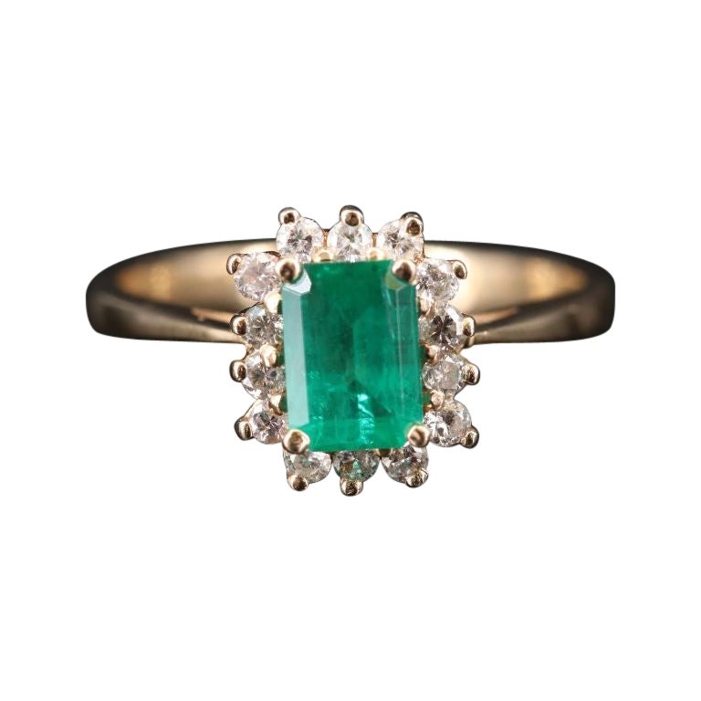 For Sale:  Halo Emerald Cut Emerald Diamonds Engagement Ring, Unique 18K Gold Wedding Ring