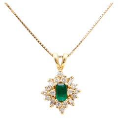 Halo Emerald Cut Emerald Diamonds Pendant Necklace, 18K Gold