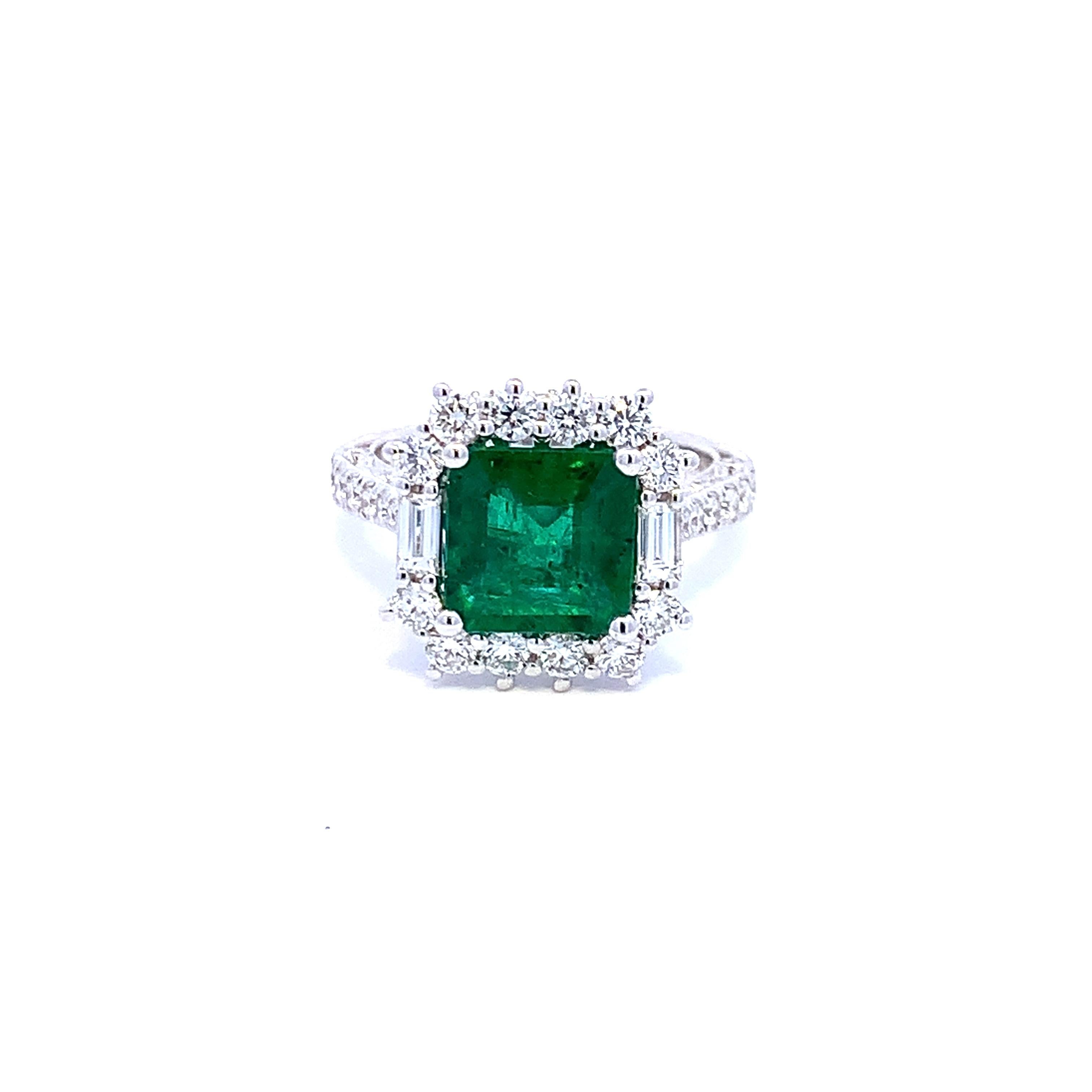 Beautiful Fashion Ring With Two Diamond Baguettes, Square Emerald Cut Emerald, and Round Diamonds

Emerald - 2.80ct
Diamonds - 1.30ct
Ring Metal - 18k White Gold