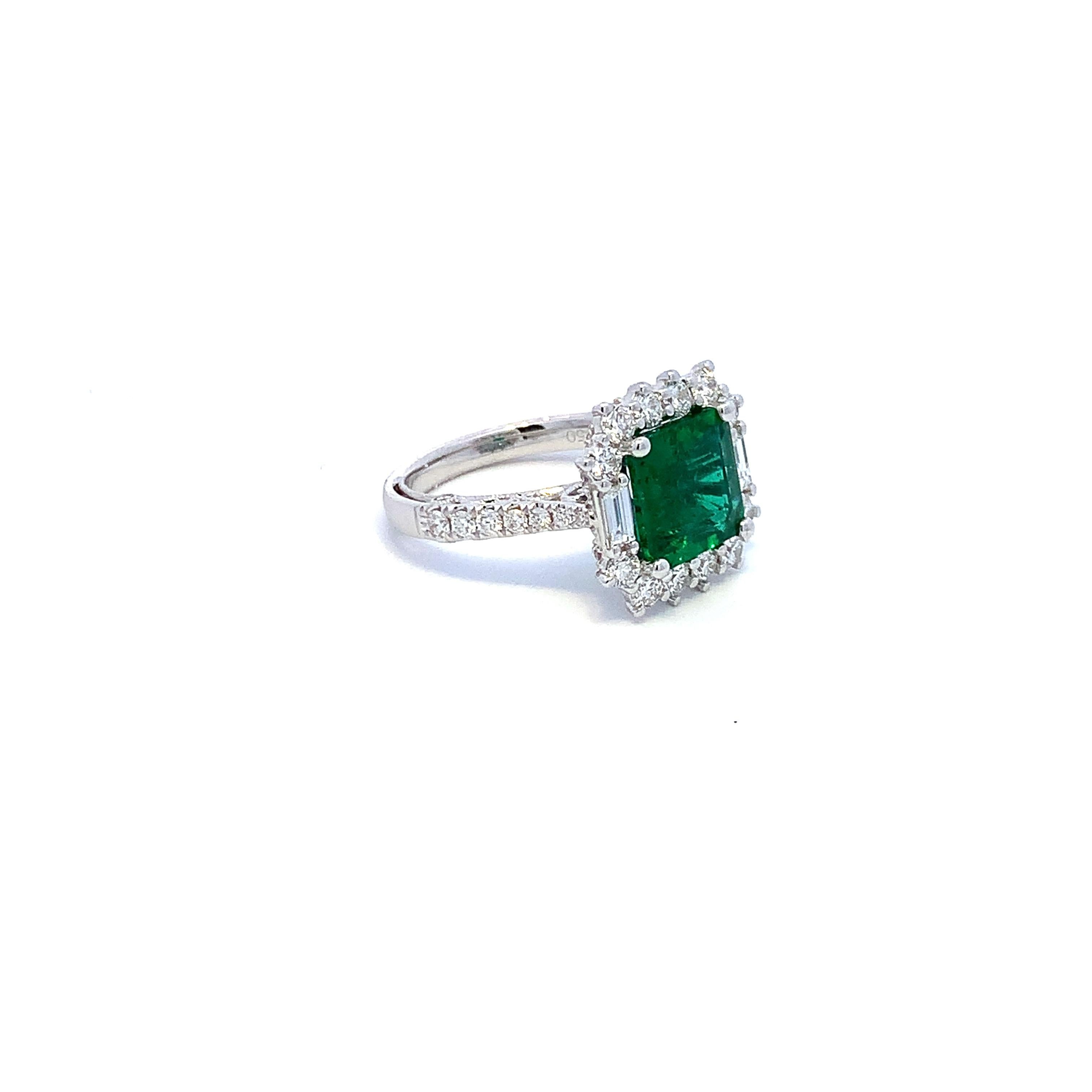 Artisan Halo Emerald Cut Ring with Diamond Baguettes For Sale