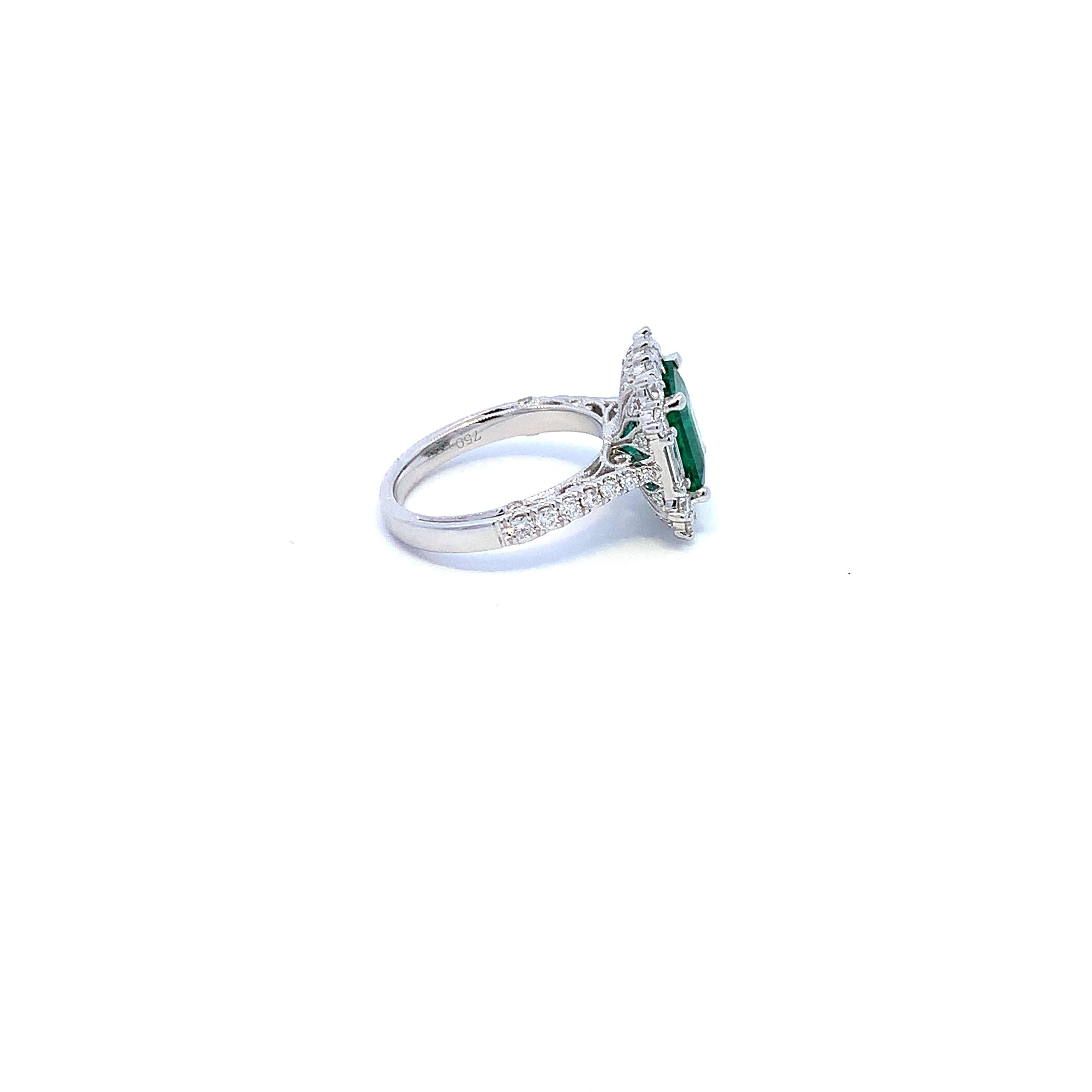 Halo Emerald Cut Ring with Diamond Baguettes In New Condition For Sale In Great Neck, NY
