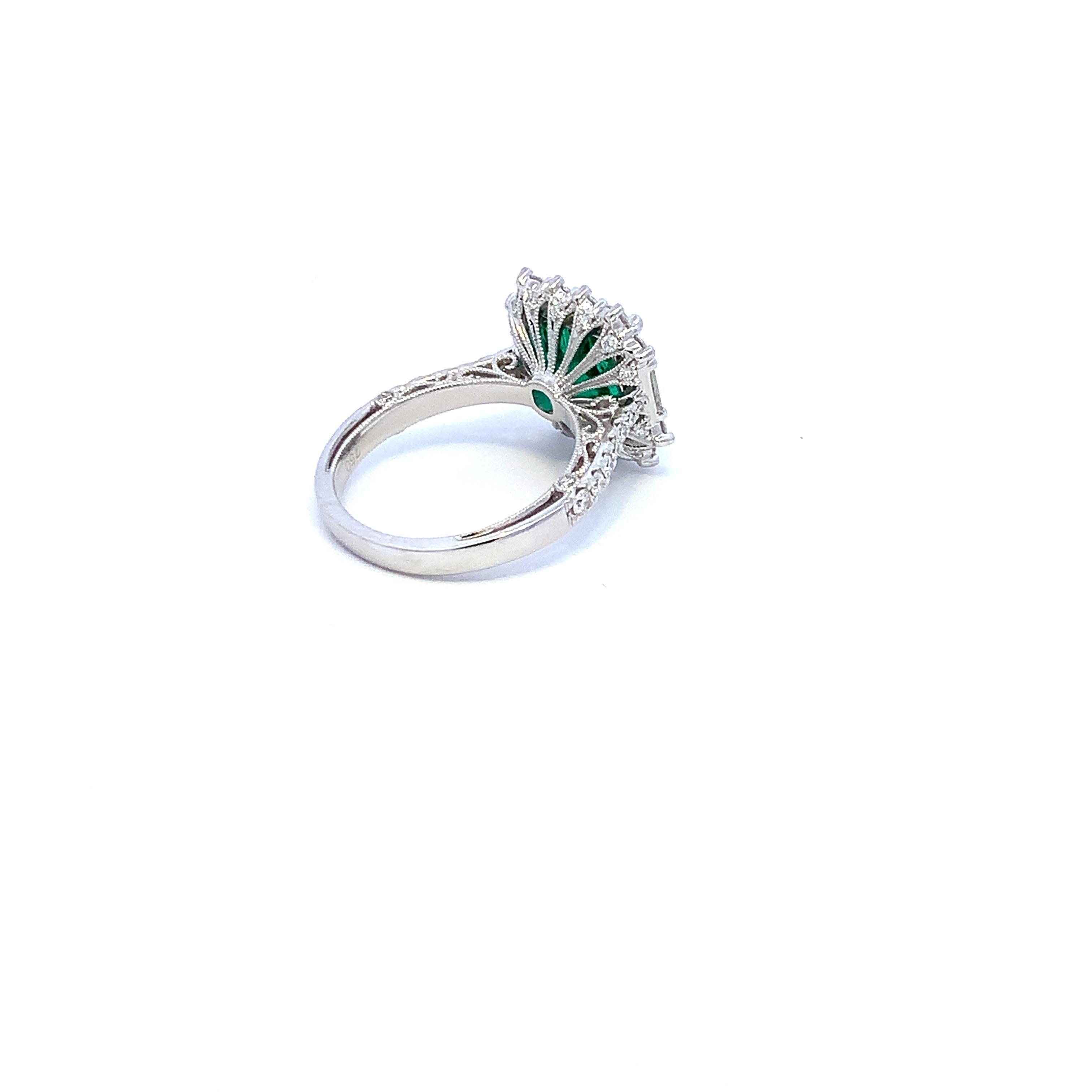 Women's Halo Emerald Cut Ring with Diamond Baguettes For Sale