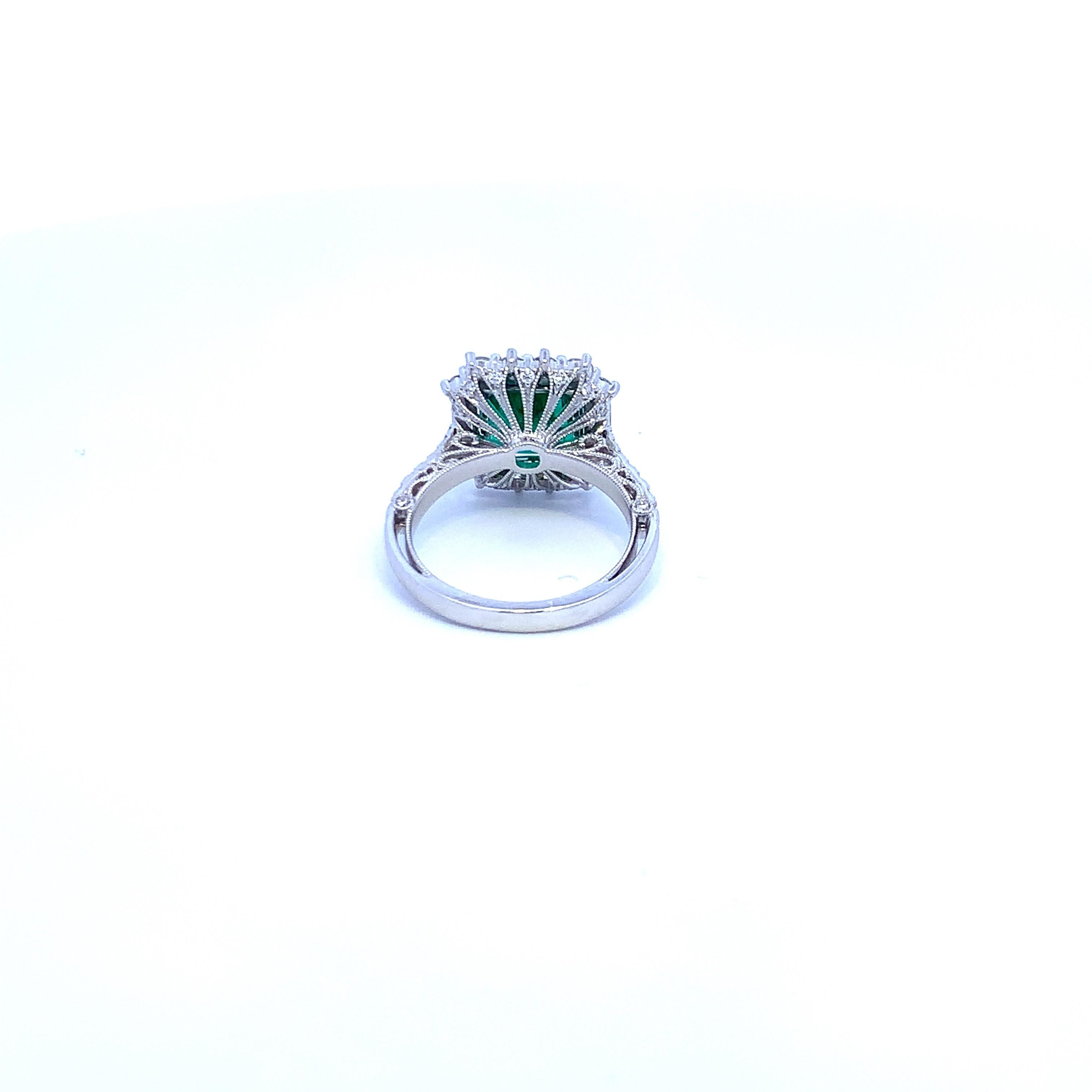 Halo Emerald Cut Ring with Diamond Baguettes For Sale 1