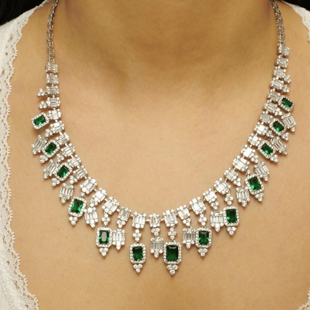 Art Deco Halo Emerald Diamond Drop Necklace in 14K Solid Gold (Certified) For Sale