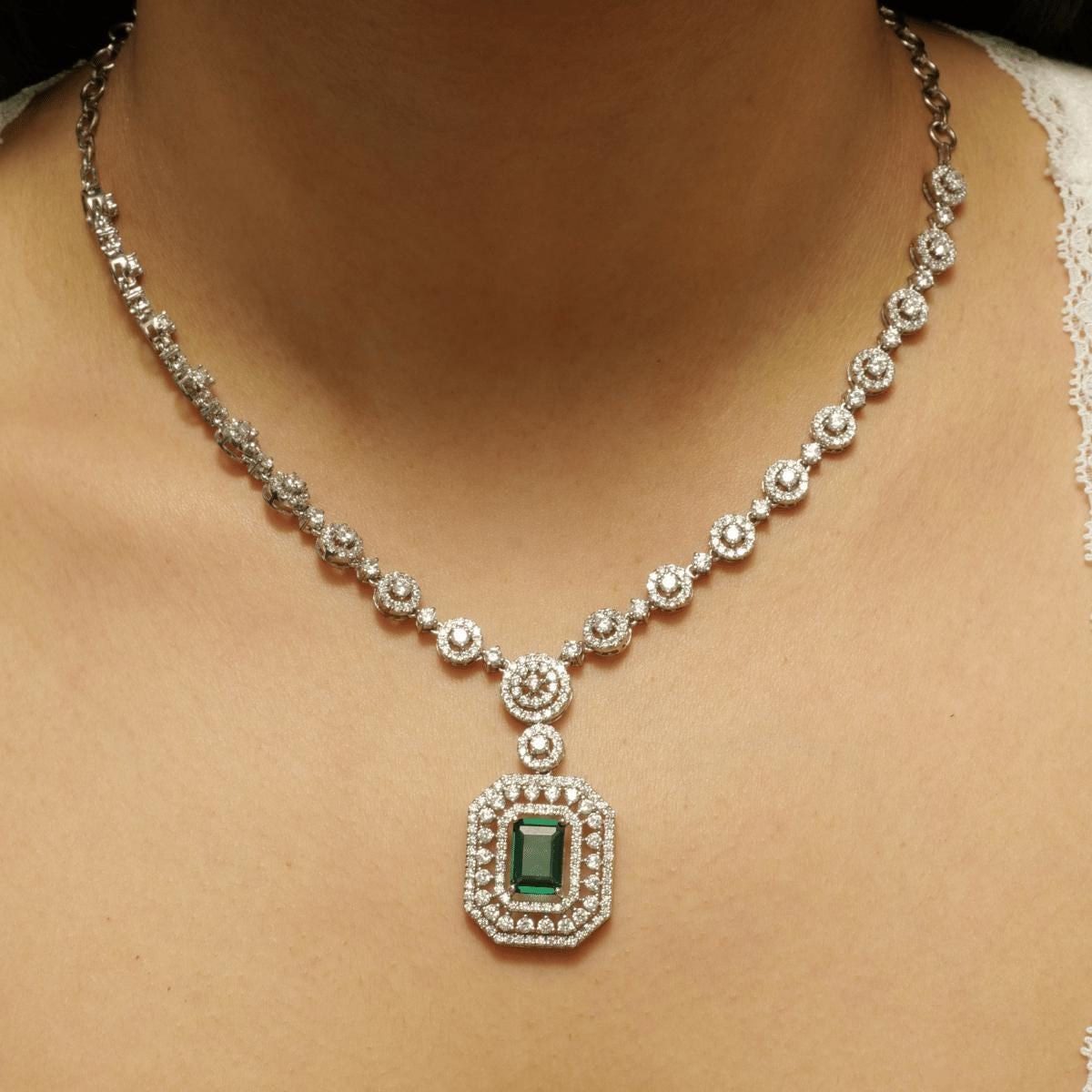Art Deco Halo Emerald Diamond Necklace in 14K Solid Gold (Certified) For Sale