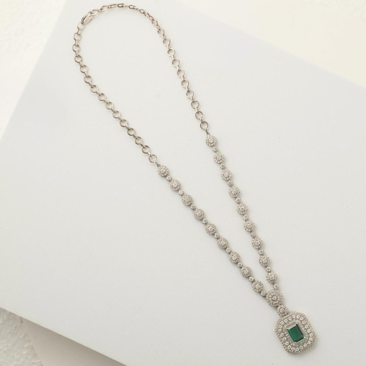 Women's Halo Emerald Diamond Necklace in 14K Solid Gold (Certified) For Sale