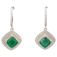 Halo Emerald Earring Set for women, Unique 18K Gold Diamond Earring Set
