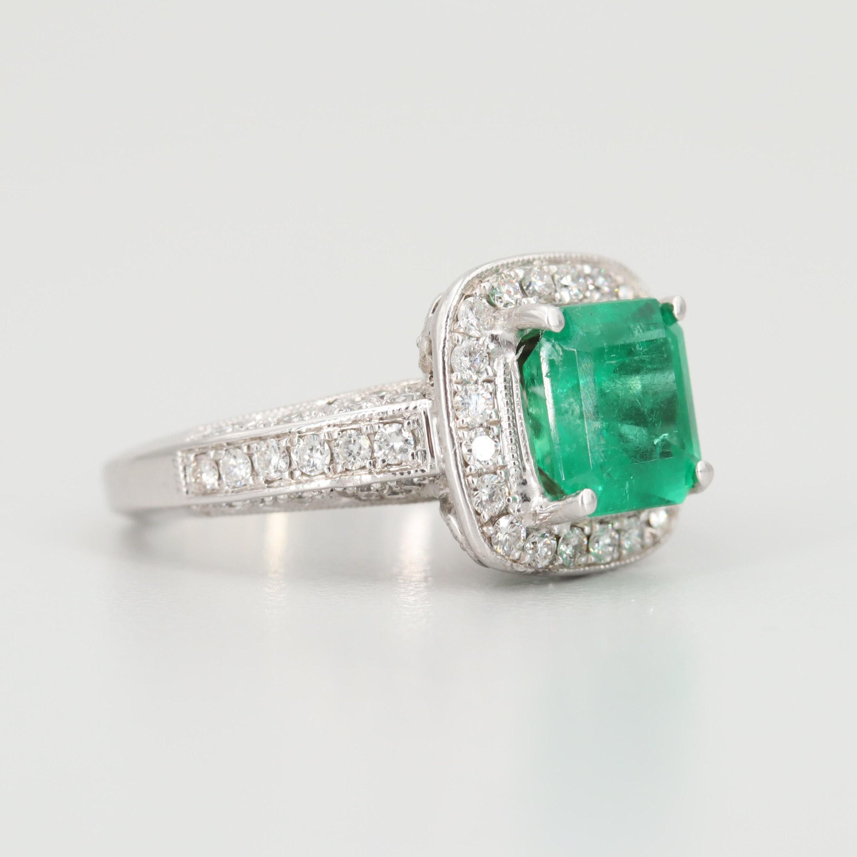 For Sale:  Halo Emerald Engagement Ring, Emerald Cut Bridal Diamond Wedding Ring 2