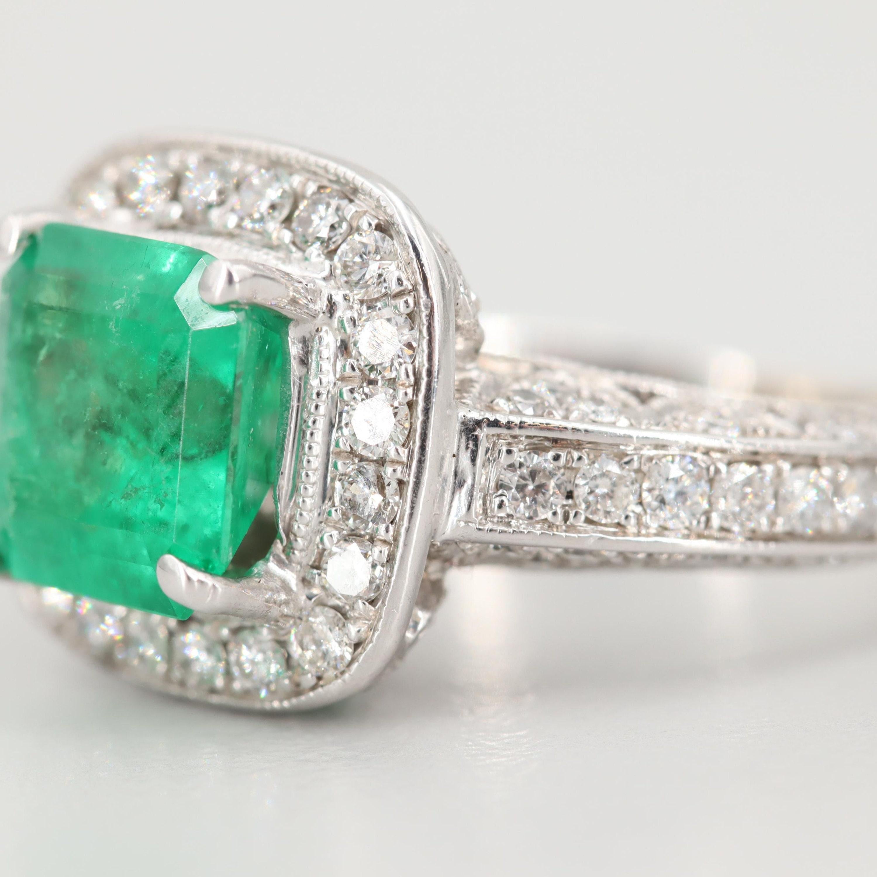 For Sale:  Halo Emerald Engagement Ring, Emerald Cut Bridal Diamond Wedding Ring 4