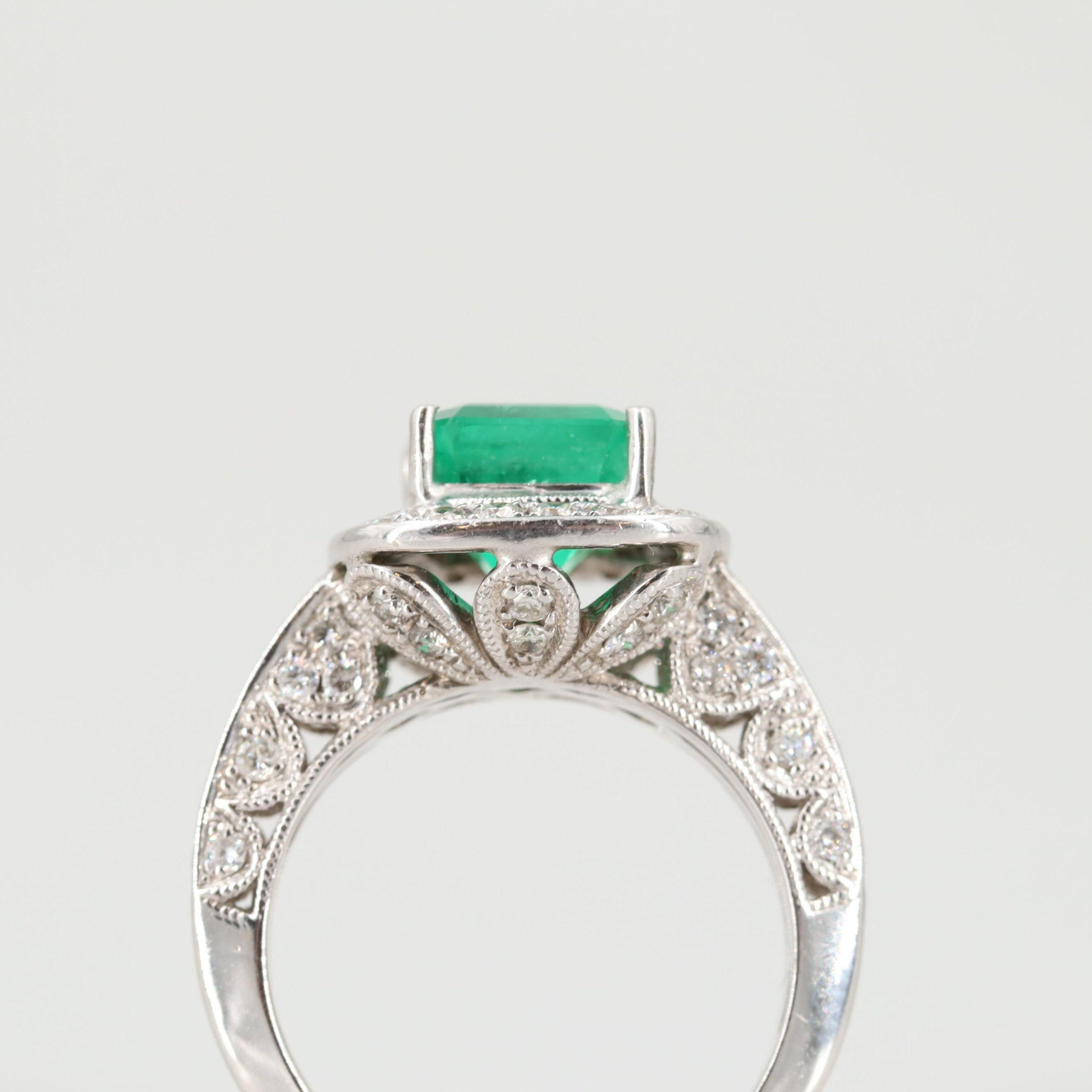 For Sale:  Halo Emerald Engagement Ring, Emerald Cut Bridal Diamond Wedding Ring 5