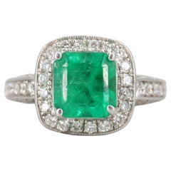 Halo Emerald Engagement Ring, Emerald Cut Bridal Diamond Wedding Ring