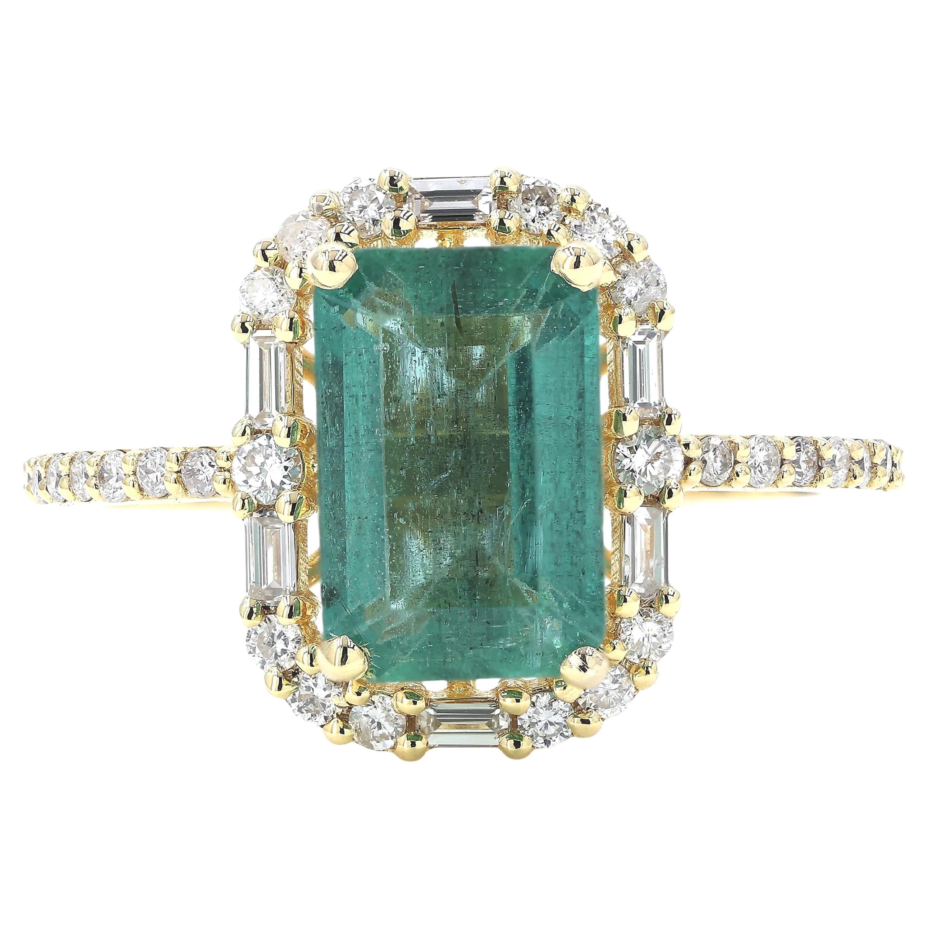 Halo Emerald Natural Diamond Gemstone Ring in 14K Solid Gold (Certified) For Sale