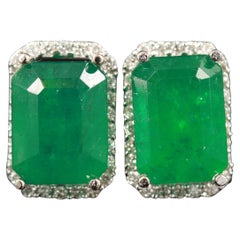 Halo Emerald Stud Earrings, 18K White Gold Earrings for women