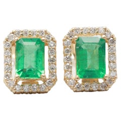 Halo Emerald Stud Earrings, Emerald Diamonds Earring Set