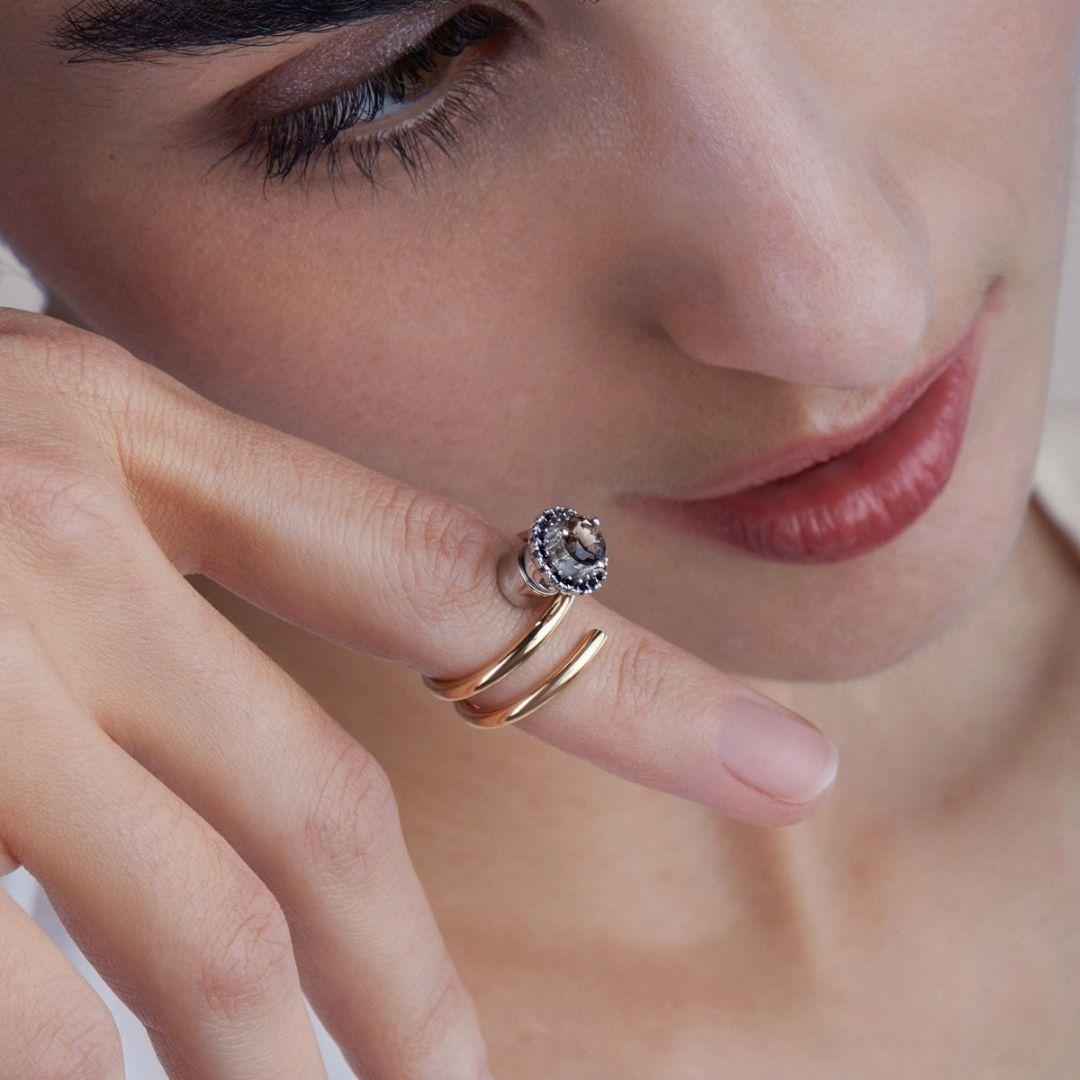 Halo Engagement Ring Diamonds & Smoked Quartz, 18K For Sale 1