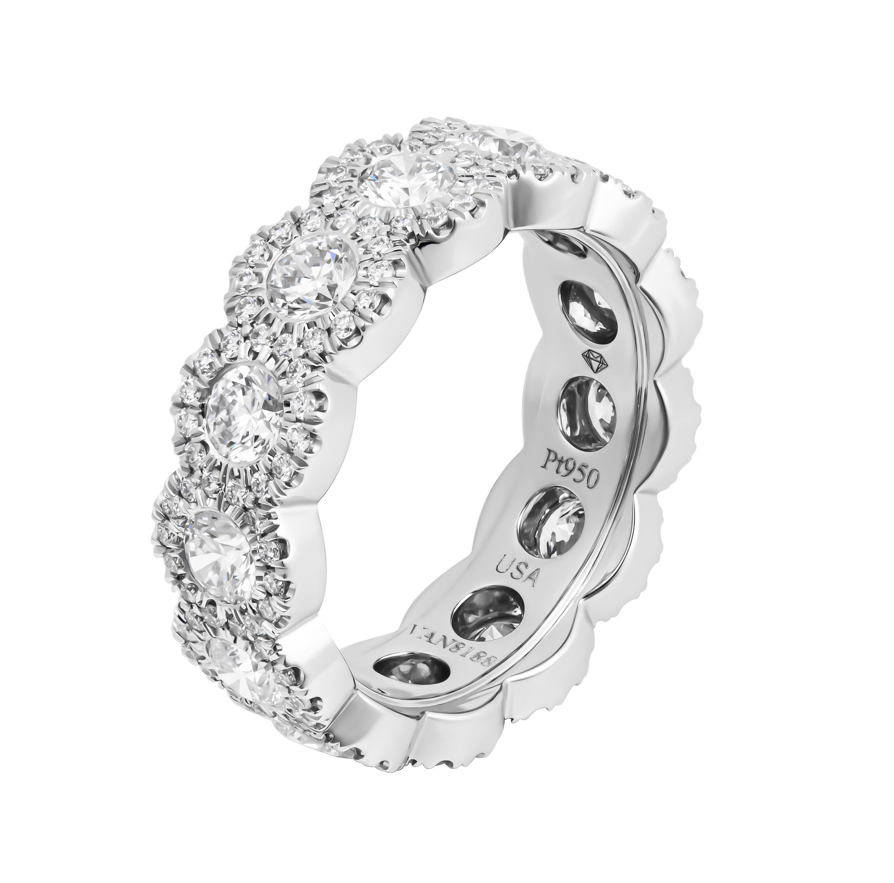 Halo Eternity Band with Round Diamonds In Platinum
 With round diamonds totaling 2.14ct 
Halo pave around totaling 0.69ct 
Size 6.5