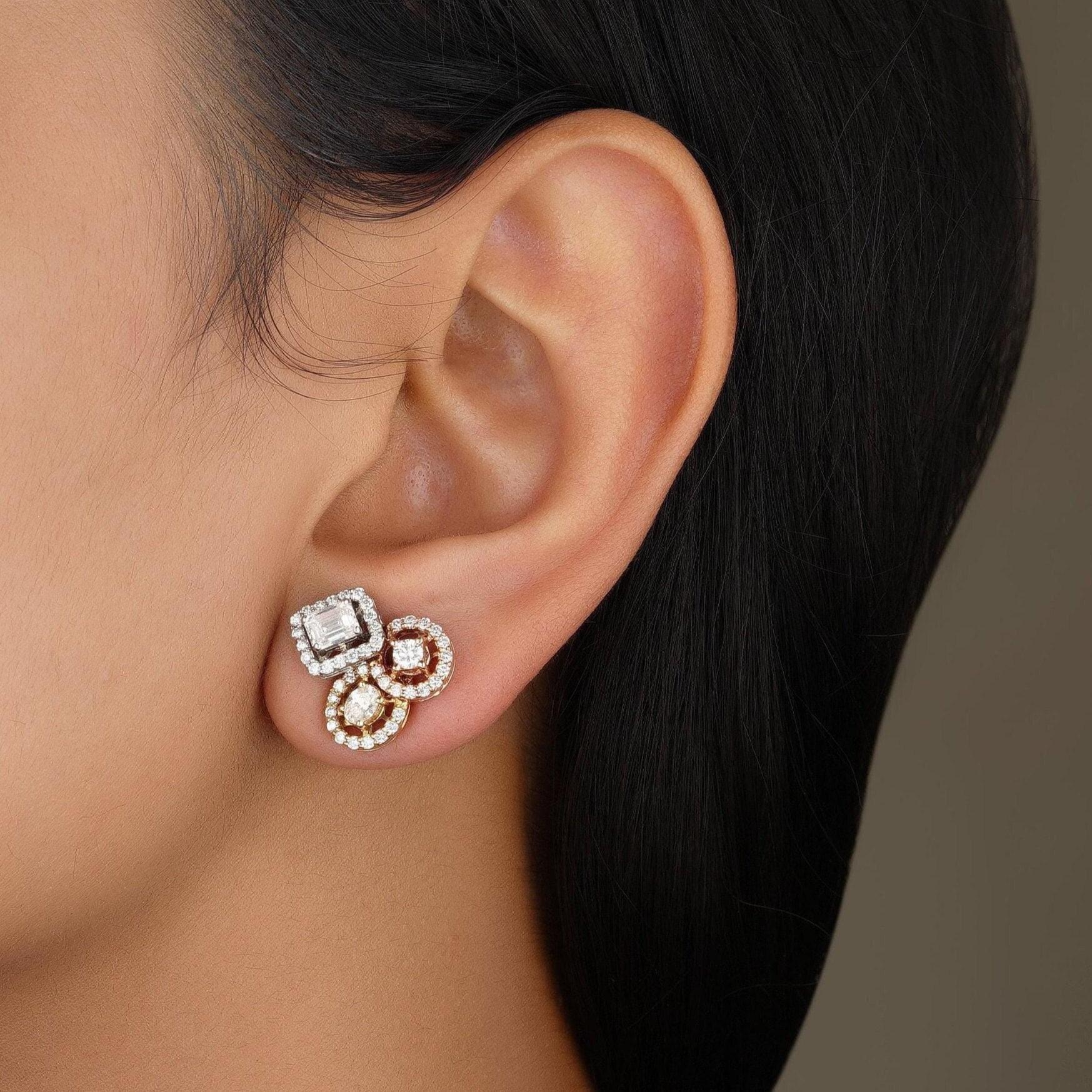 Art déco Halo Fancy Diamond Stud Earrings in 14K Solid Gold (Certified) en vente