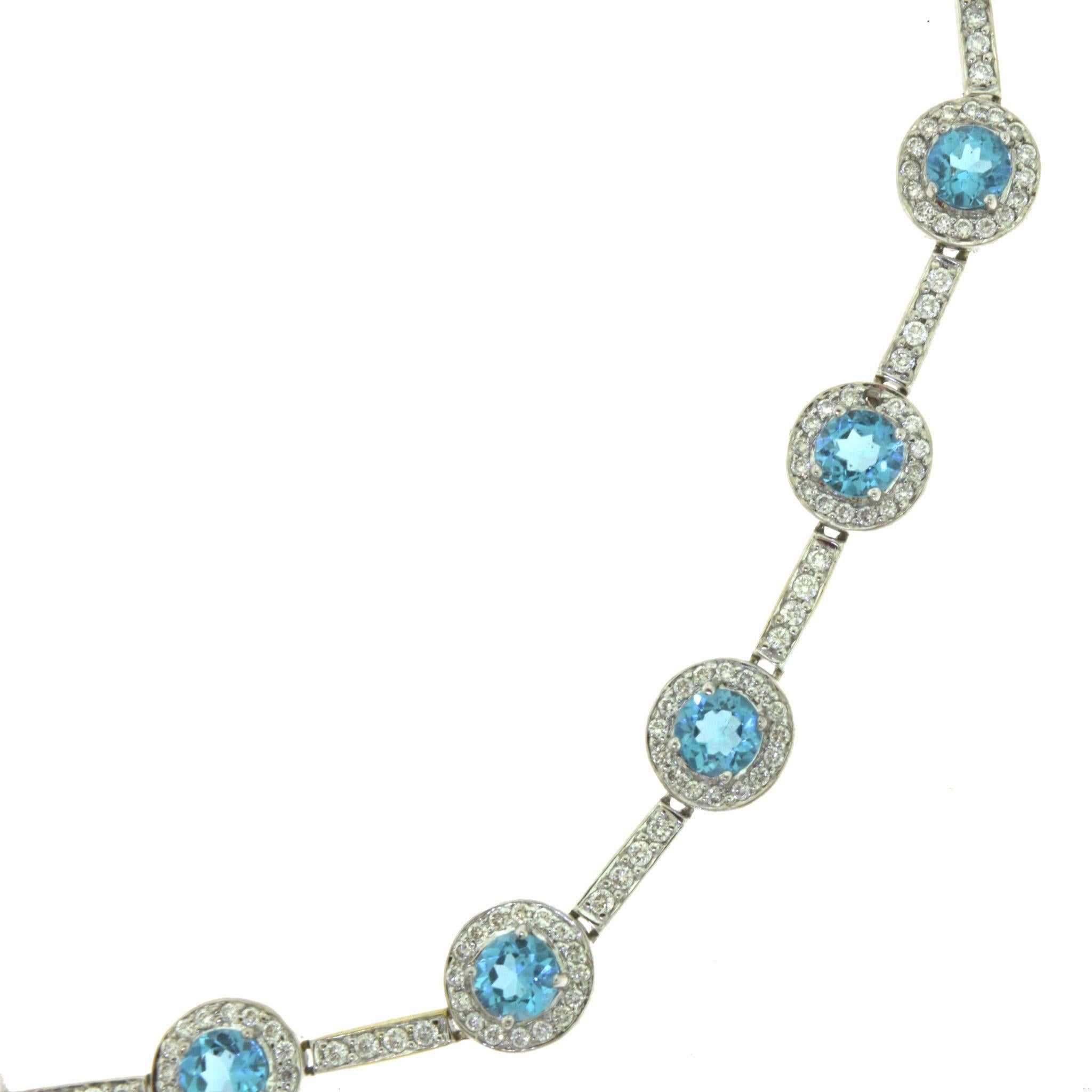 Round Cut Halo Gemstone Aquamarine and Diamond 18k White Gold Necklace For Sale