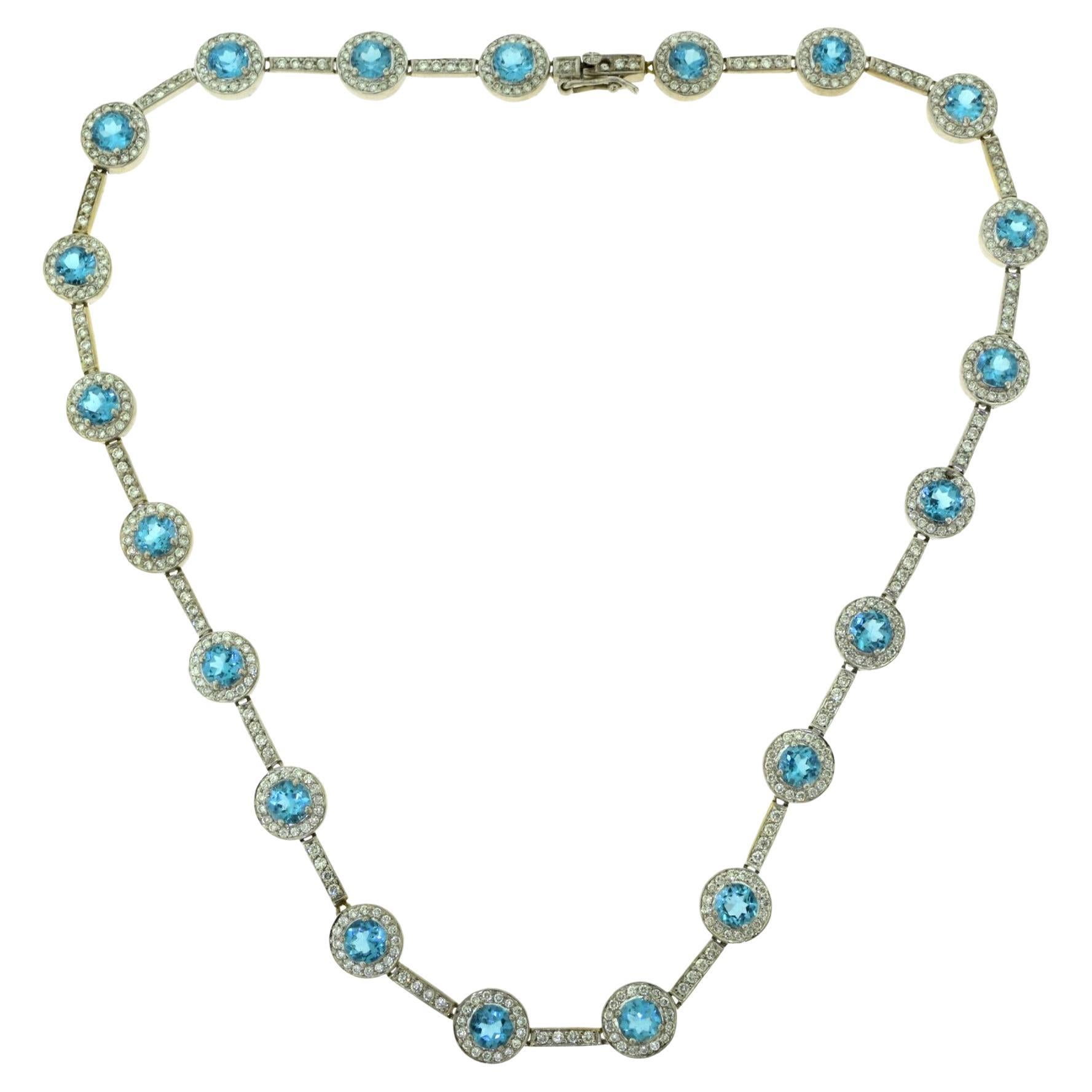 Halo Gemstone Aquamarine and Diamond 18k White Gold Necklace