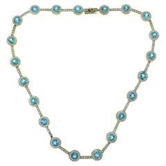 Halo Gemstone Aquamarine and Diamond 18k White Gold Necklace