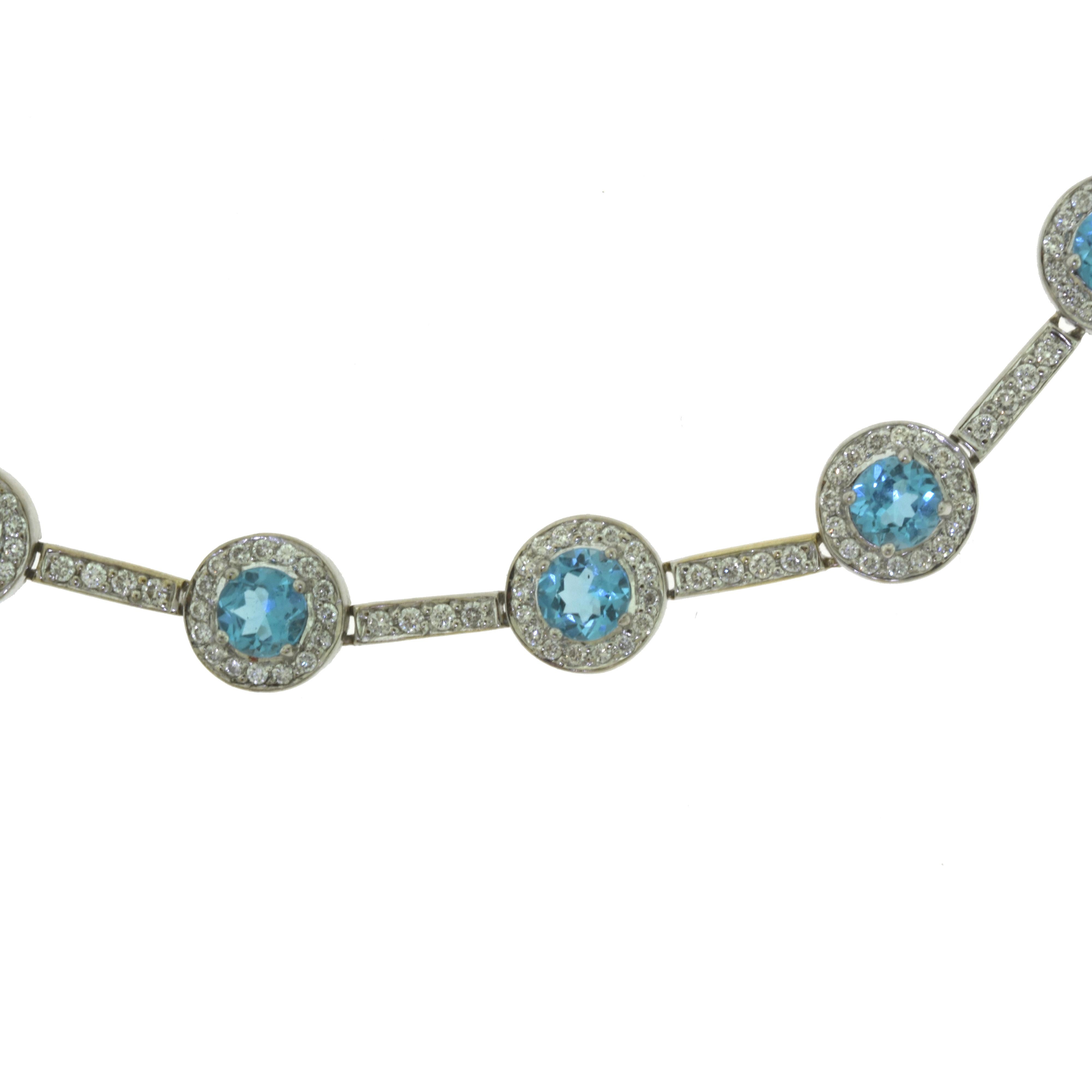 Halo Gemstone Aquamarine and Diamond Chain Link White Gold Necklace In Good Condition In Miami, FL