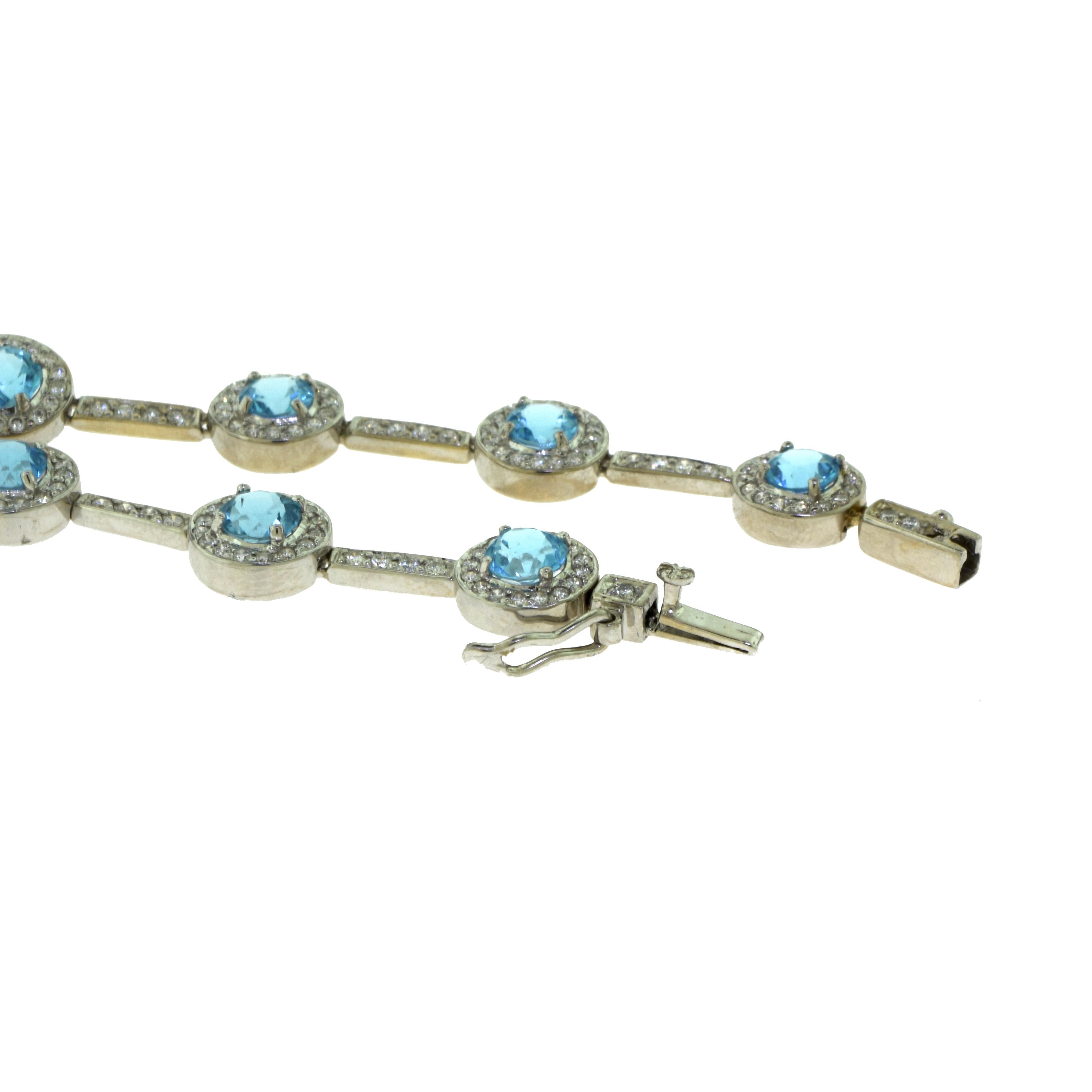 Women's or Men's Halo Gemstone Aquamarine and Diamond Chain Link White Gold Necklace