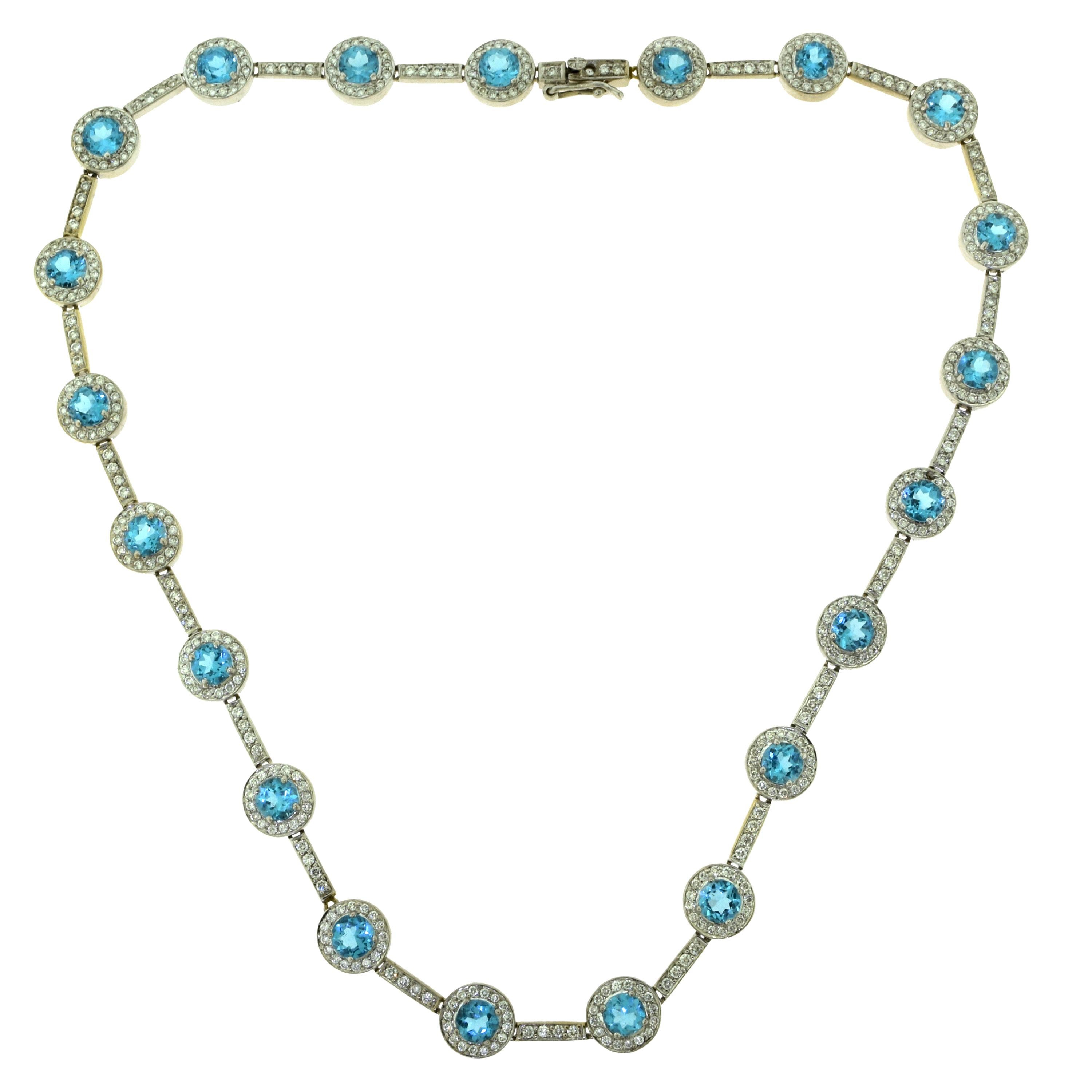 Halo Gemstone Aquamarine and Diamond Chain Link White Gold Necklace