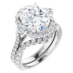 Halo GIA 3-Stone Oval French Pavé Diamond Wedding Ring Set 18 Karat White Gold