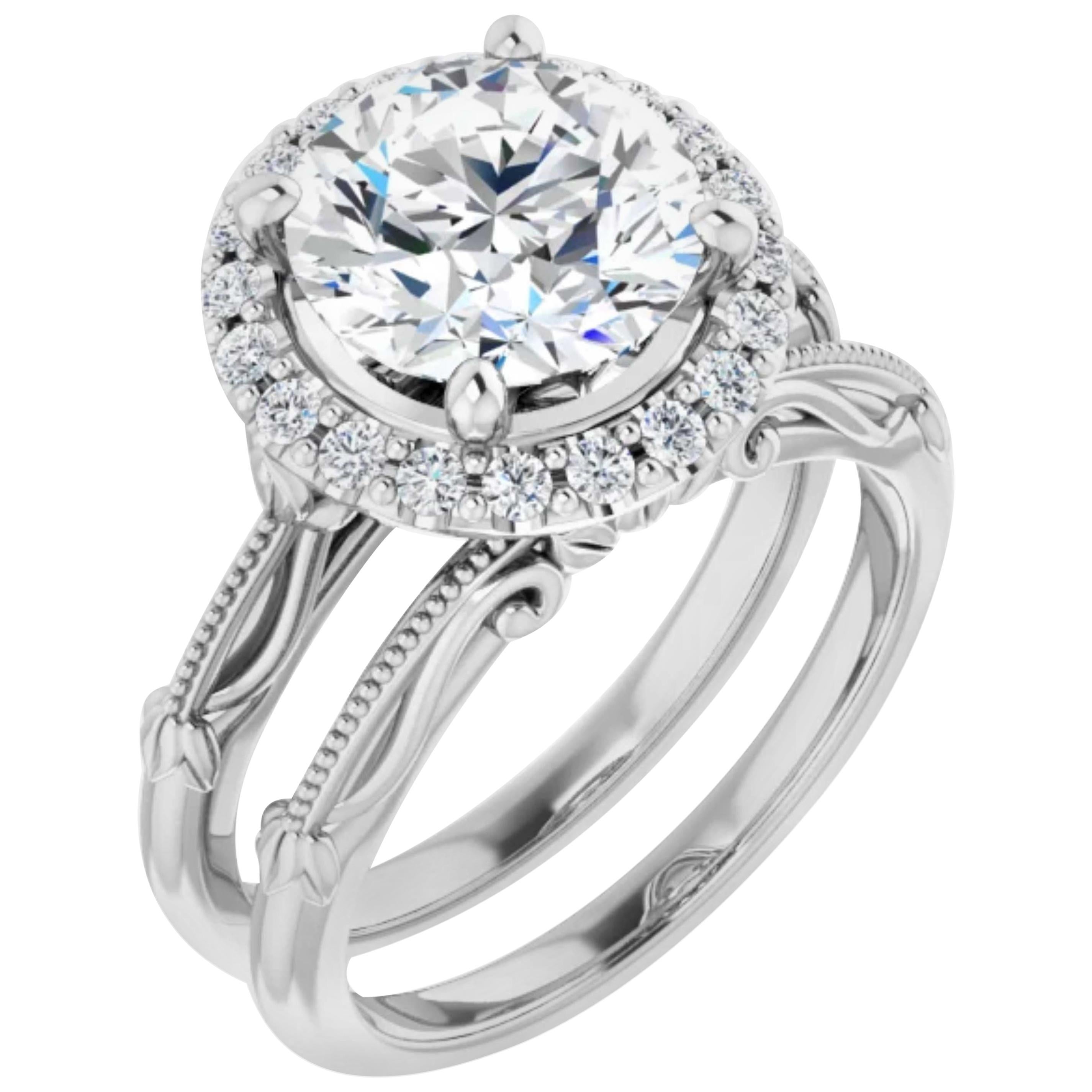 Halo Art Deco Style Round Brilliant Cut White Diamond Wedding Ring Set For Sale