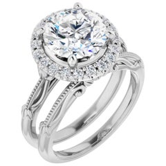Halo Art Deco Style Round Brilliant Cut White Diamond Wedding Ring Set