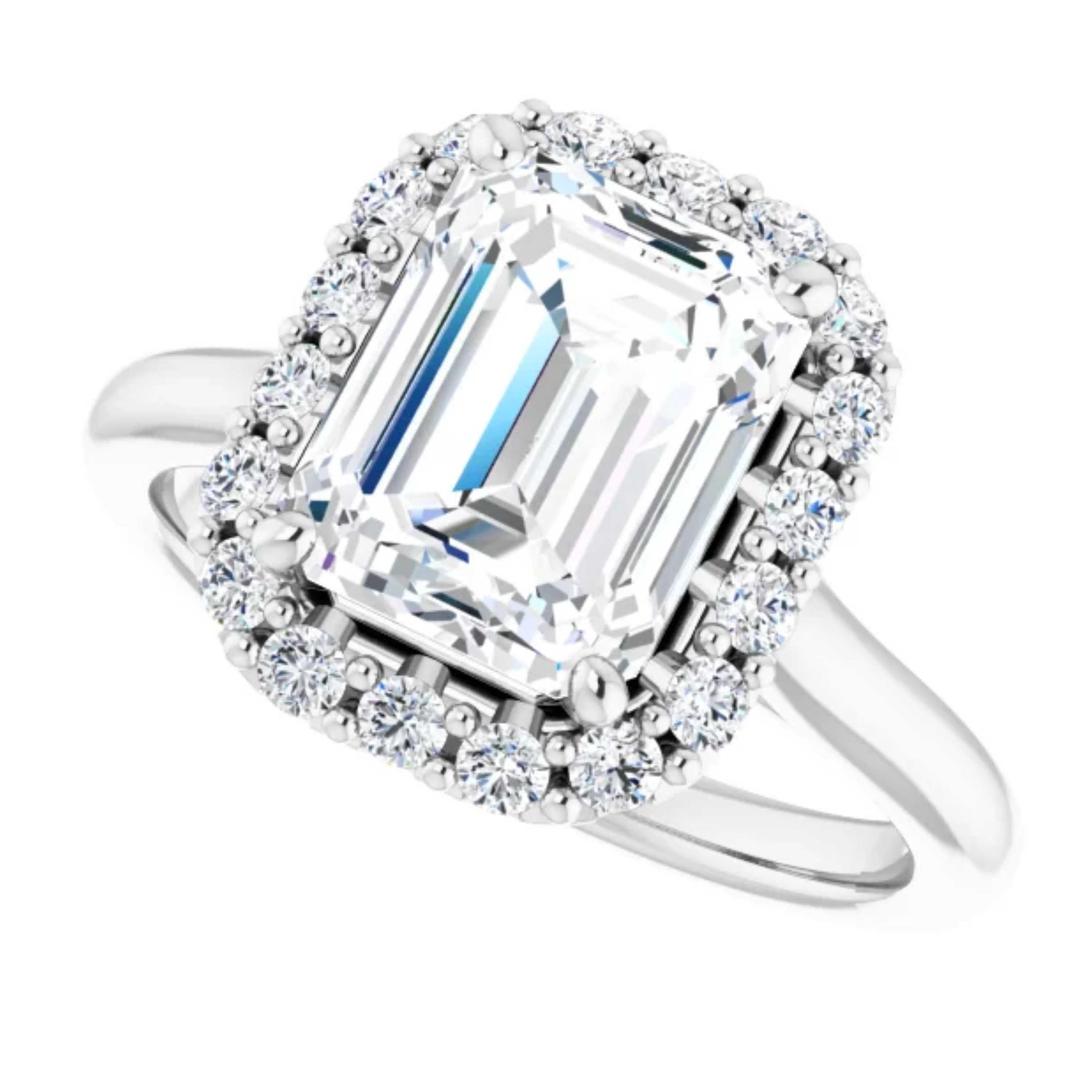 Halo Emerald Cut Diamond Engagement Ring White Gold In New Condition For Sale In Los Angeles, CA