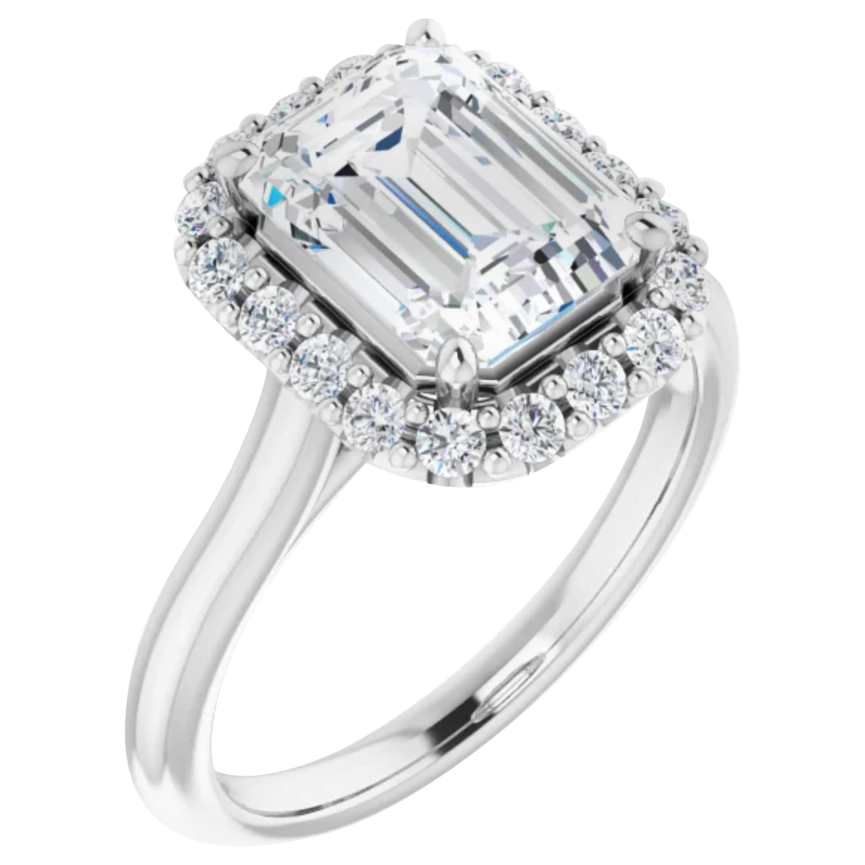 Halo Emerald Cut Diamond Engagement Ring White Gold For Sale
