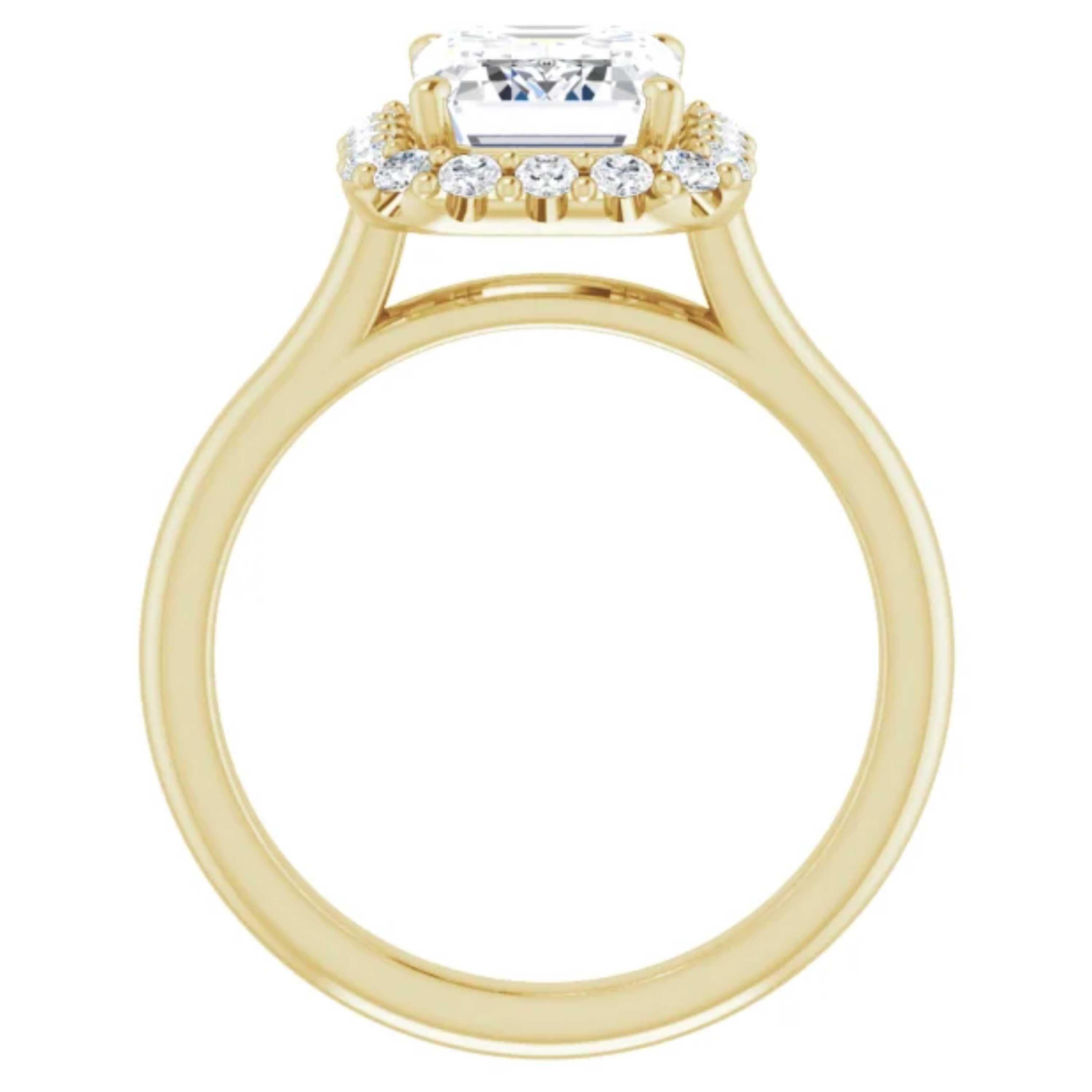 Contemporary Halo Emerald Cut Diamond Engagement Ring Yellow Gold For Sale