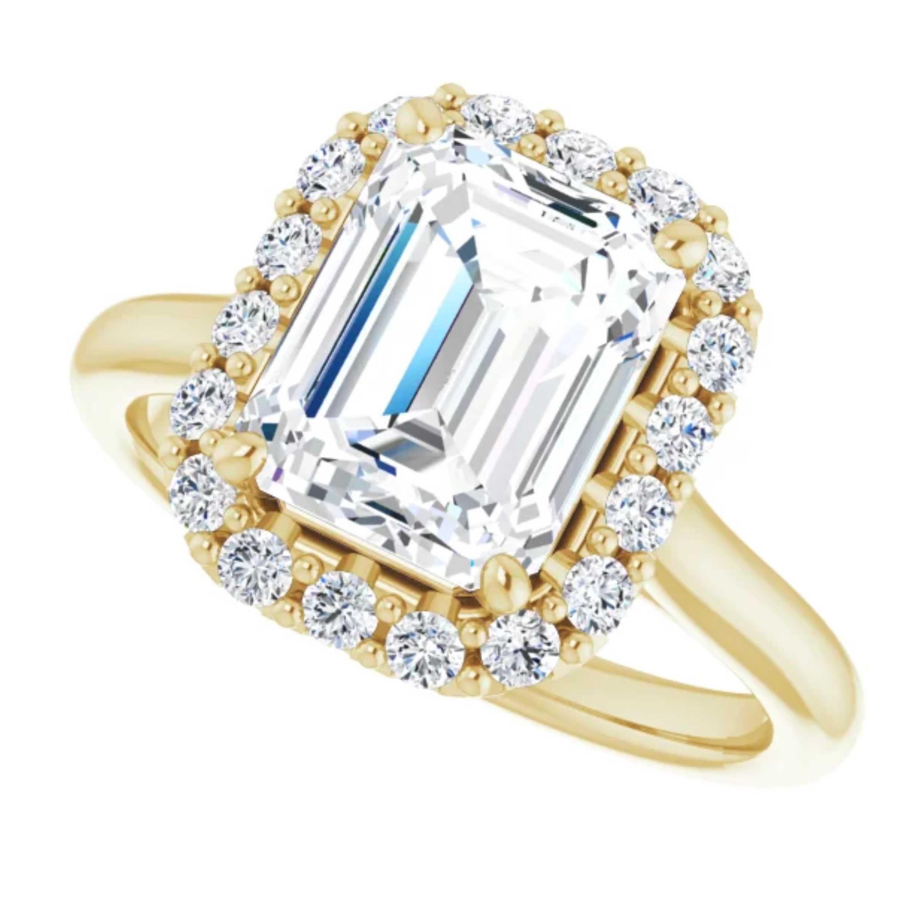 Women's Halo Emerald Cut Diamond Engagement Ring Yellow Gold For Sale