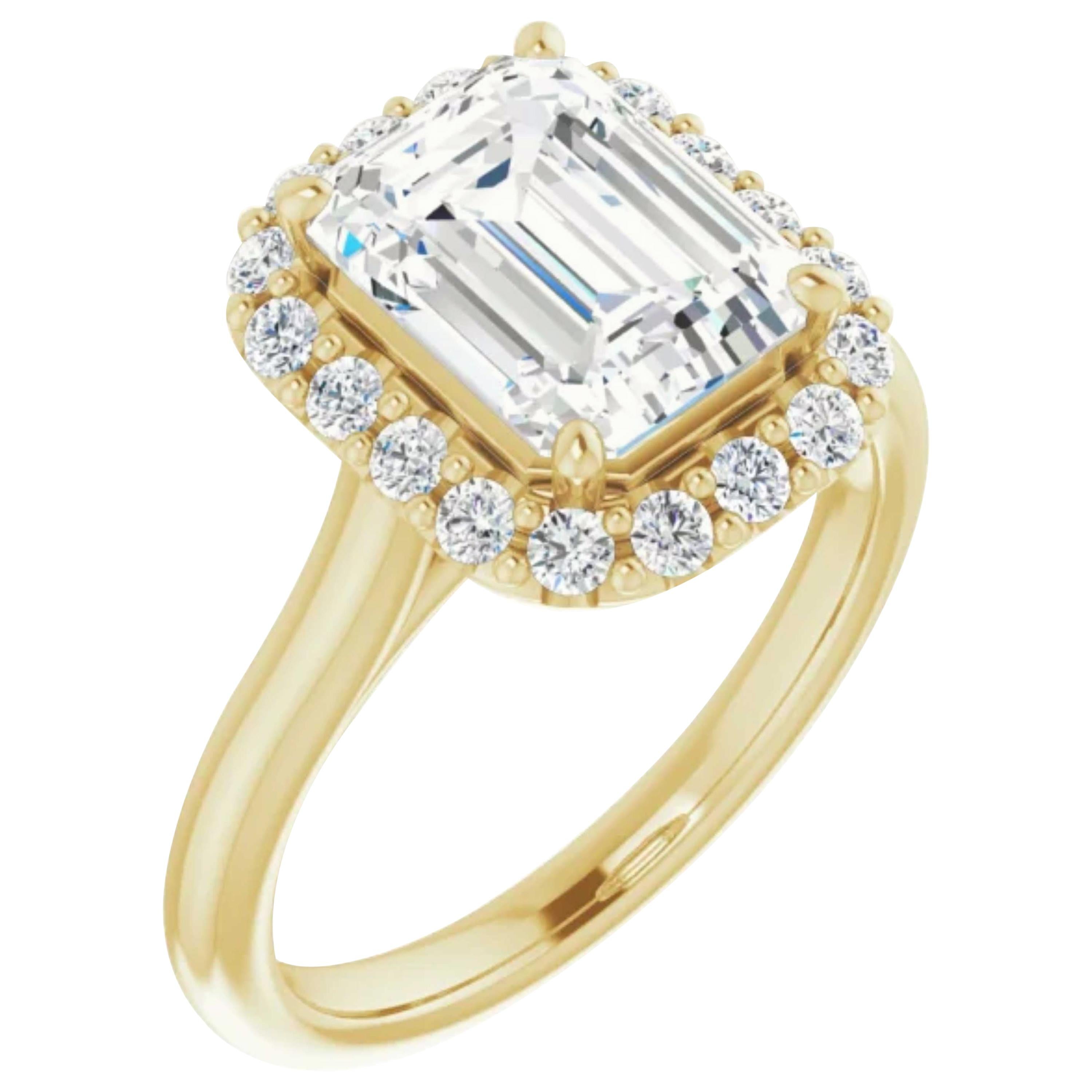 Halo Emerald Cut Diamond Engagement Ring Yellow Gold For Sale