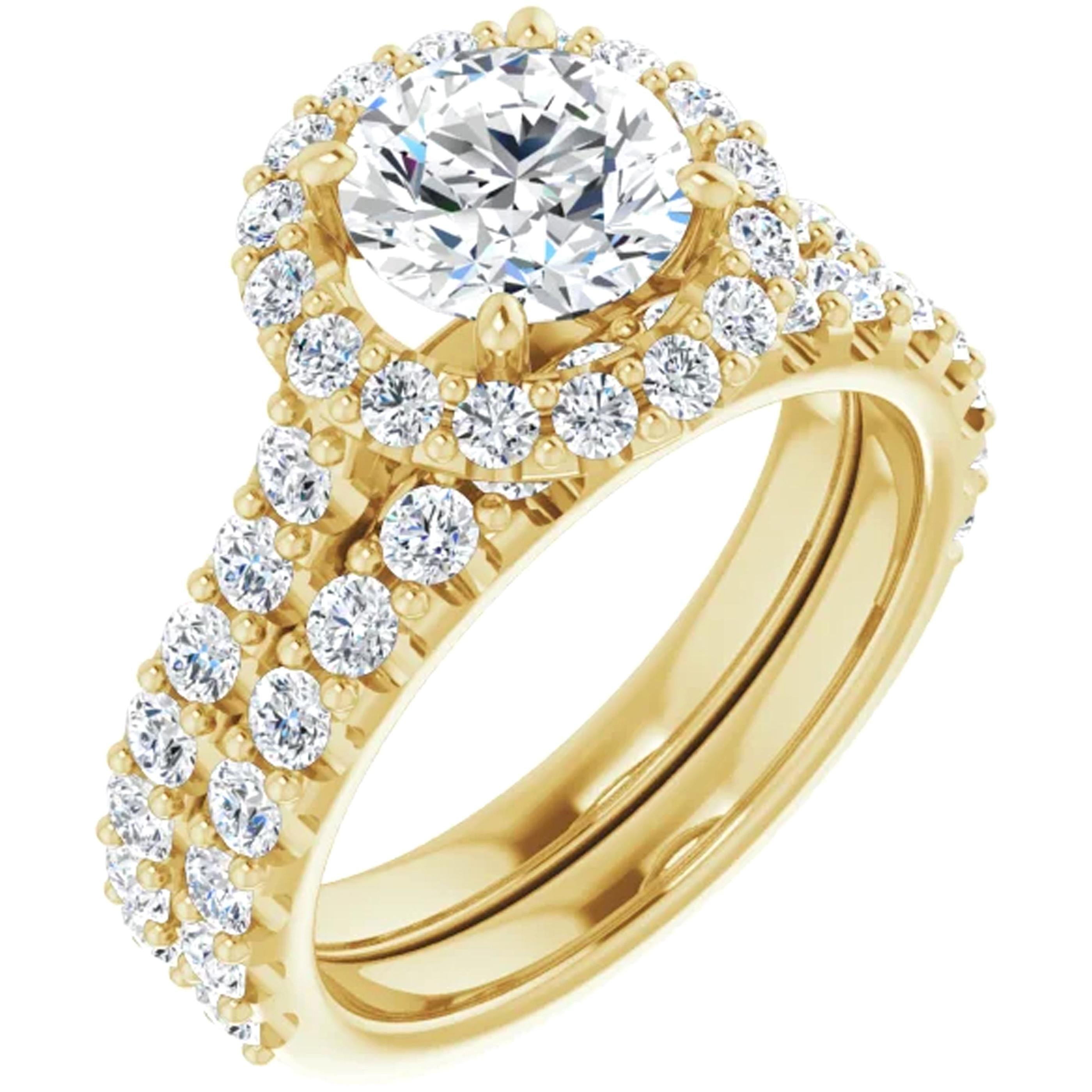 Halo GIA Certified Round Diamond Engagement Ring 14 Karat Yellow Gold 2.10 Carat For Sale