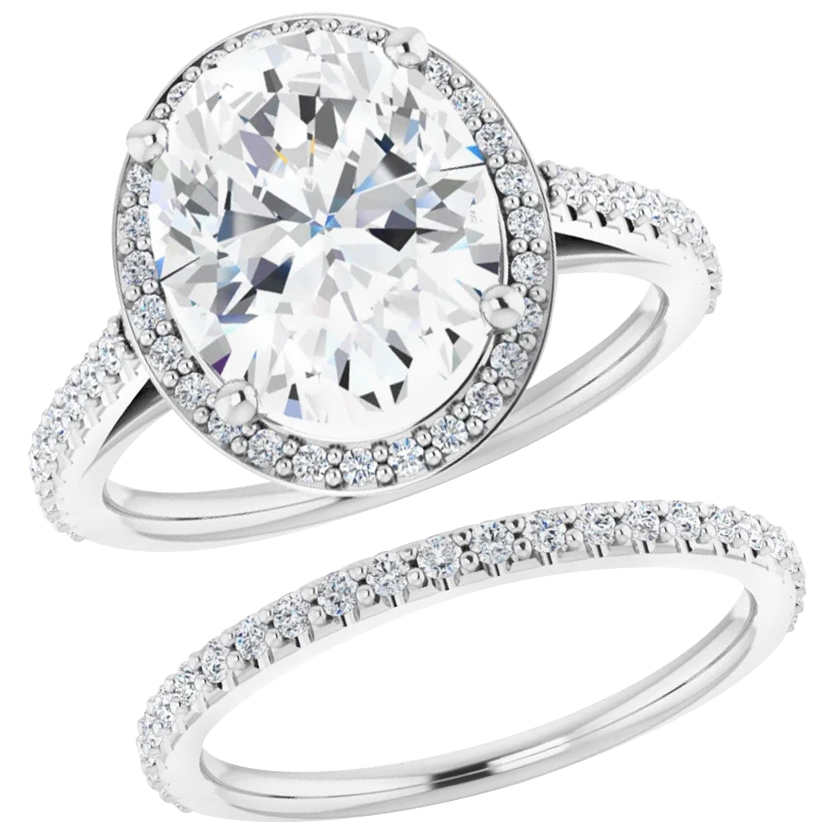Halo GIA Oval Diamond Wedding Bridal Ring Set 18 Karat White Gold 2.26 Carat For Sale