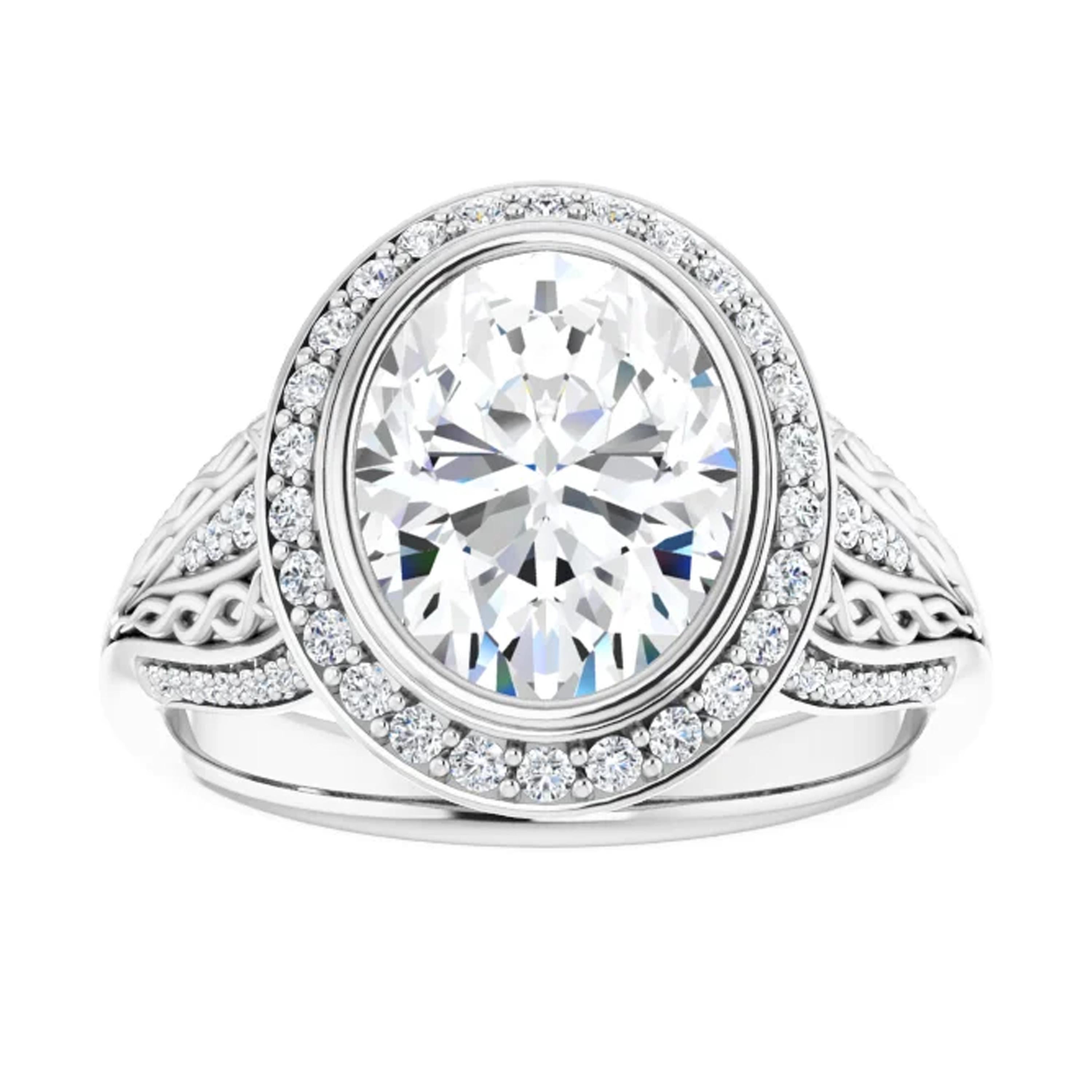 Art Deco Halo GIA Oval Engagement Ring Interwoven Round Brilliant Diamond Accented Shank For Sale