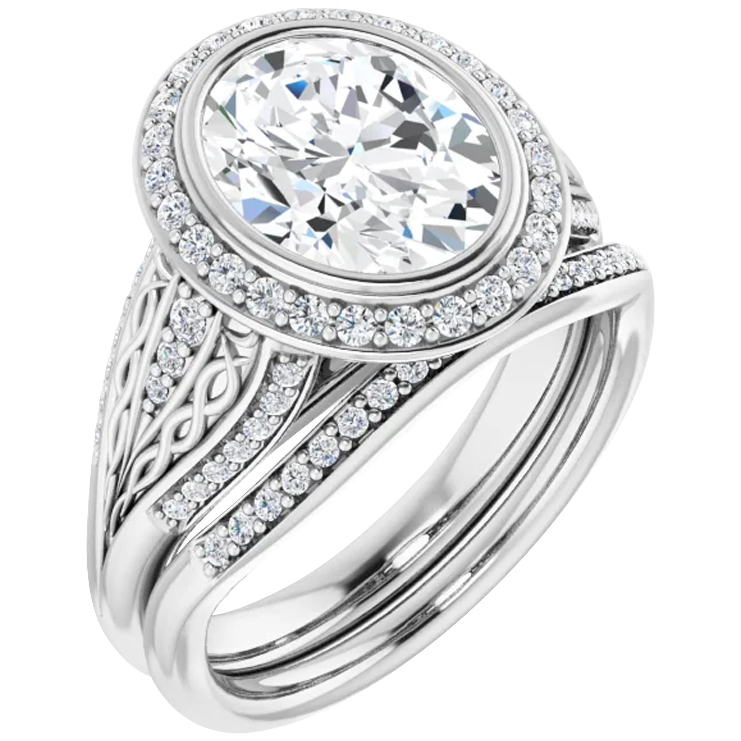 Halo GIA Oval Engagement Ring Interwoven Round Brilliant Diamond Accented Shank For Sale